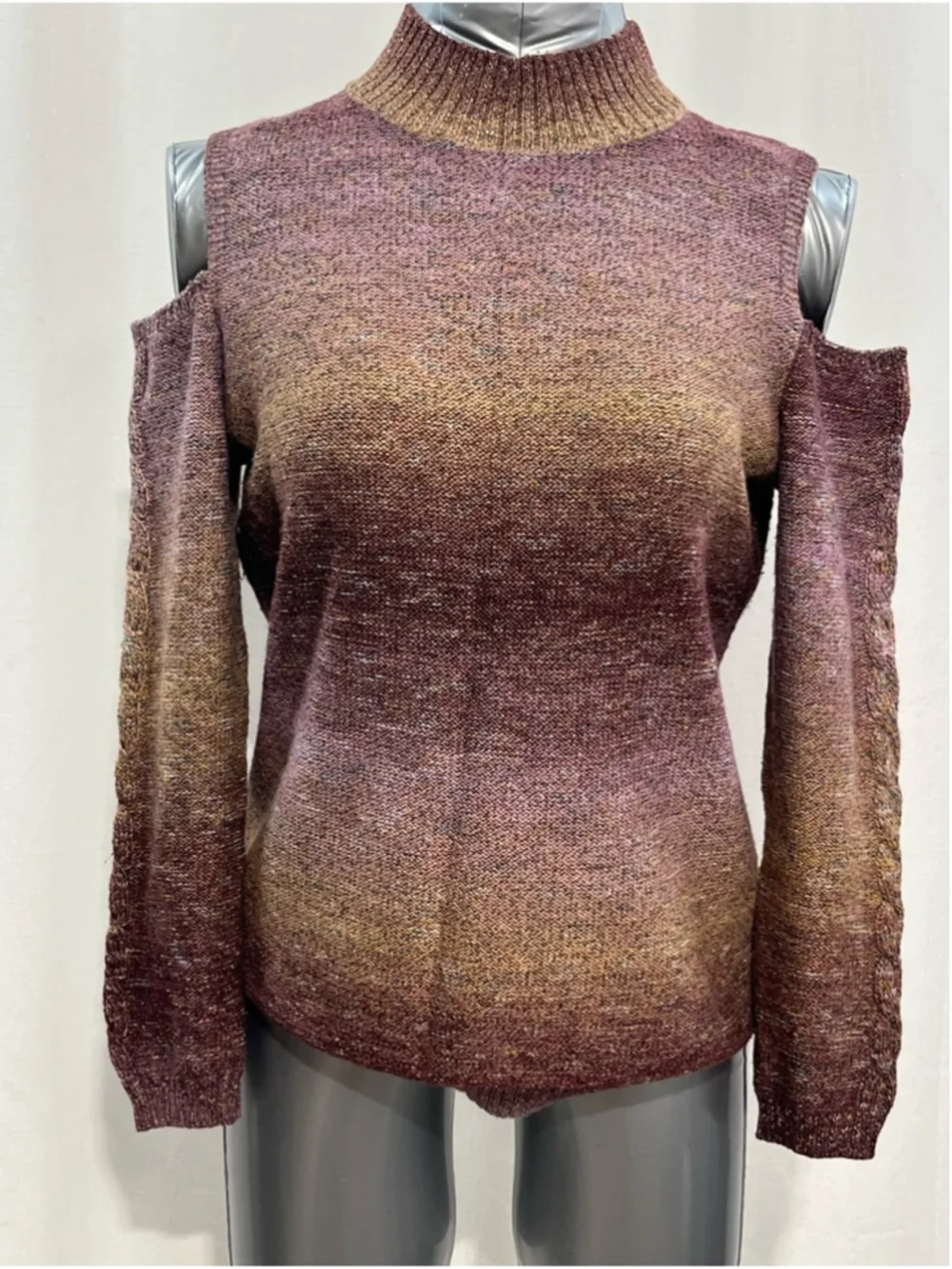 cleo cold, shoulder Mock Neck Sweater in Mauve and Gold-Tone work, Travel 1437